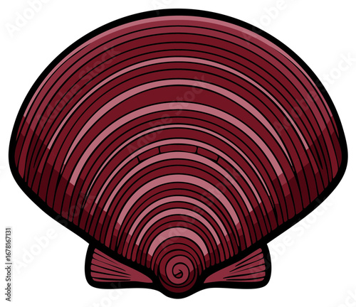 Illustrative rendering of a clam shell in a deep red color with black border, graphic design.