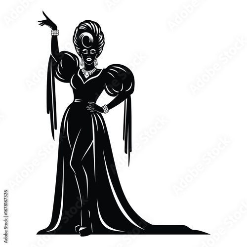 Stylish Drag Queen Silhouette Vector Dancing in Heels, Flowing Gown and Glamorous Hair Style, Dramatic Pose with Afro Wig on White Background