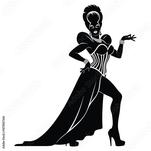 Stylish Drag Queen Silhouette Vector Dancing in Heels, Flowing Gown and Glamorous Hair Style, Dramatic Pose with Afro Wig on White Background