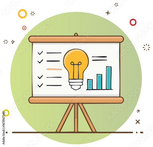 Presentation board showcases checklist, lightbulb idea, and growth chart for business strategy concept on abstract green backdrop