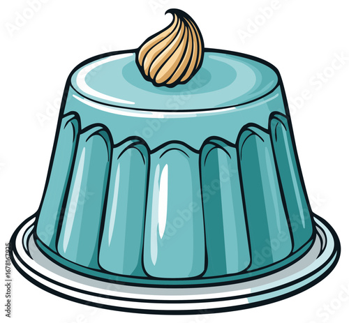 Cartoon Style Teal Gelatin Dessert Topped With Cream on a White Plate, Delicious Treat