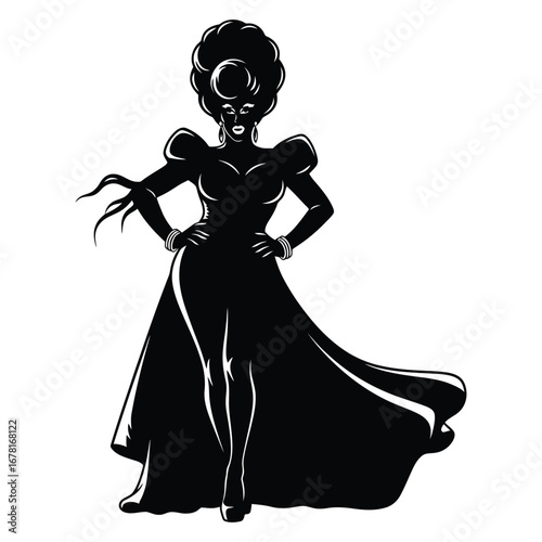 Stylish Drag Queen Silhouette Vector Dancing in Heels, Flowing Gown and Glamorous Hair Style, Dramatic Pose with Afro Wig on White Background