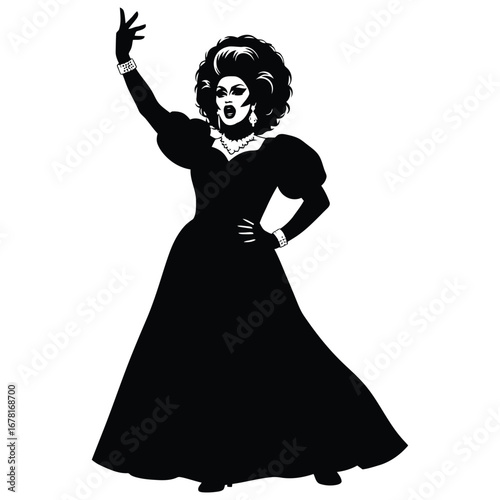 Stylish Drag Queen Silhouette Vector Dancing in Heels, Flowing Gown and Glamorous Hair Style, Dramatic Pose with Afro Wig on White Background