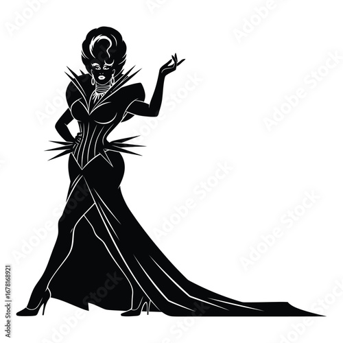 Stylish Drag Queen Silhouette Vector Dancing in Heels, Flowing Gown and Glamorous Hair Style, Dramatic Pose with Afro Wig on White Background