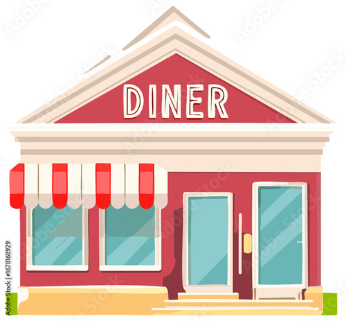 Classic red diner building with striped awning and large windows
