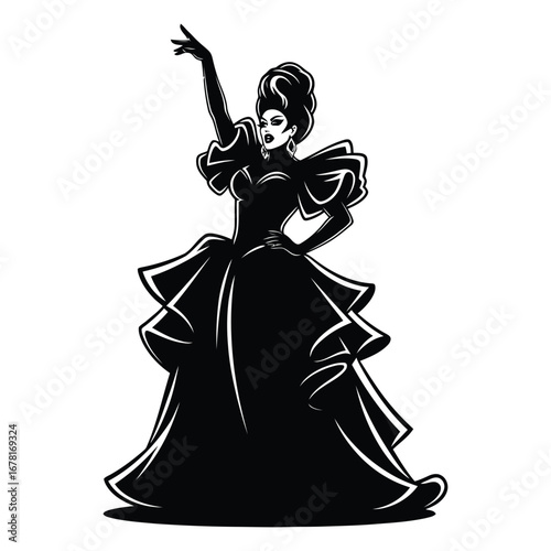 Stylish Drag Queen Silhouette Vector Dancing in Heels, Flowing Gown and Glamorous Hair Style, Dramatic Pose with Afro Wig on White Background