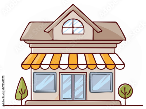 Charming illustrated storefront with awning and trees