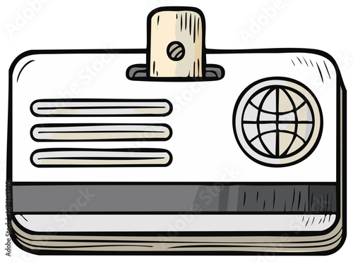 Blank ID card cartoon illustration with a security clip and global icon