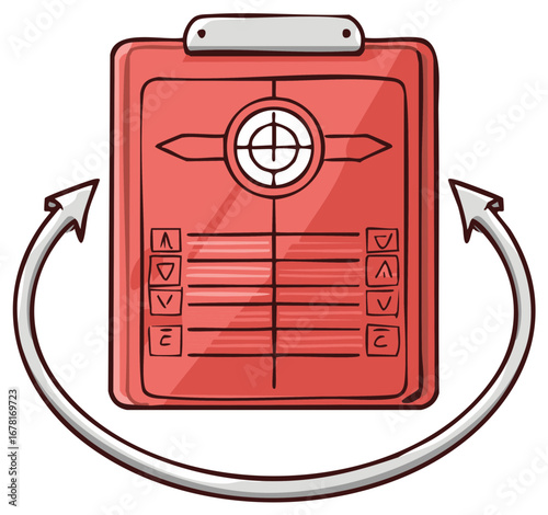 Stylized red clipboard with target symbol, checklist boxes, and curved arrows indicating revisions or updates around the board