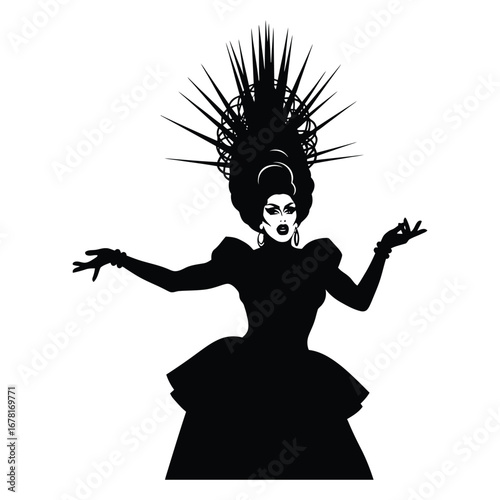 Stylish Drag Queen Silhouette Vector Dancing in Heels, Flowing Gown and Glamorous Hair Style, Dramatic Pose with Afro Wig on White Background