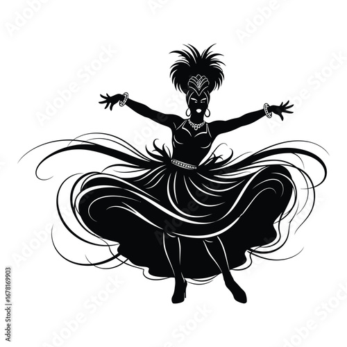 Stylish Drag Queen Silhouette Vector Dancing in Heels, Flowing Gown and Glamorous Hair Style, Dramatic Pose with Afro Wig on White Background
