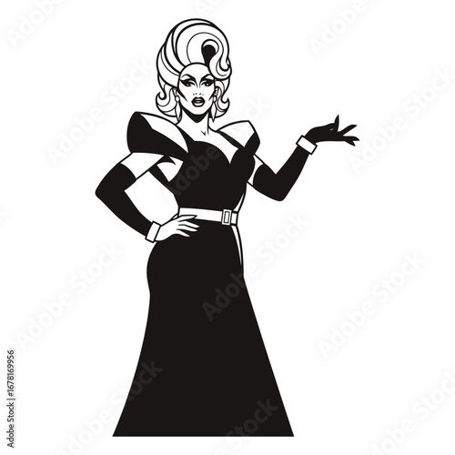 Stylish Drag Queen Silhouette Vector Dancing in Heels, Flowing Gown and Glamorous Hair Style, Dramatic Pose with Afro Wig on White Background