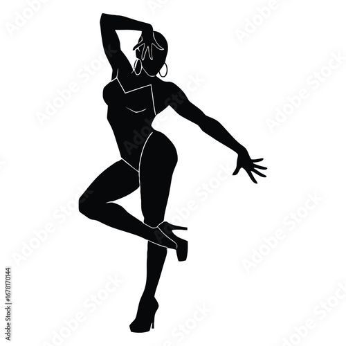 Stylish Drag Queen Silhouette Vector Dancing in Heels, Flowing Gown and Glamorous Hair Style, Dramatic Pose with Afro Wig on White Background
