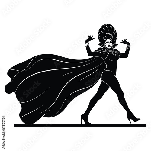 Stylish Drag Queen Silhouette Vector Dancing in Heels, Flowing Gown and Glamorous Hair Style, Dramatic Pose with Afro Wig on White Background