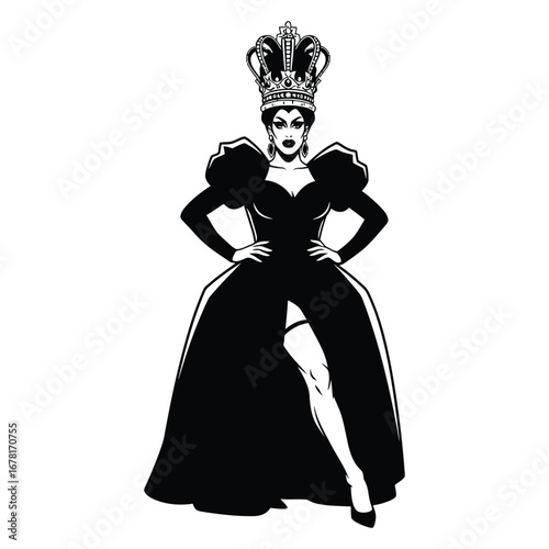 Stylish Drag Queen Silhouette Vector Dancing in Heels, Flowing Gown and Glamorous Hair Style, Dramatic Pose with Afro Wig on White Background