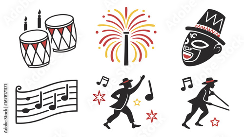 Collection of carnival elements featuring drums, fireworks, mask, music and dancers in graphic style vreated with genrated ai