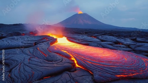 Flowing lava erupts from volcano creating stunning natural scenery footage