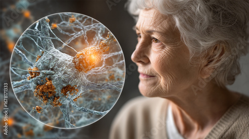 Side profile of an elderly woman next to a magnified view of brain cells and plaque formation