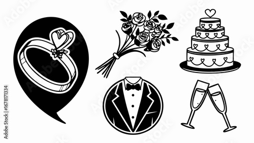 Illustration showing wedding elements including a ring, bouquet, cake, tuxedo and champagne glasses vreated with genrated ai