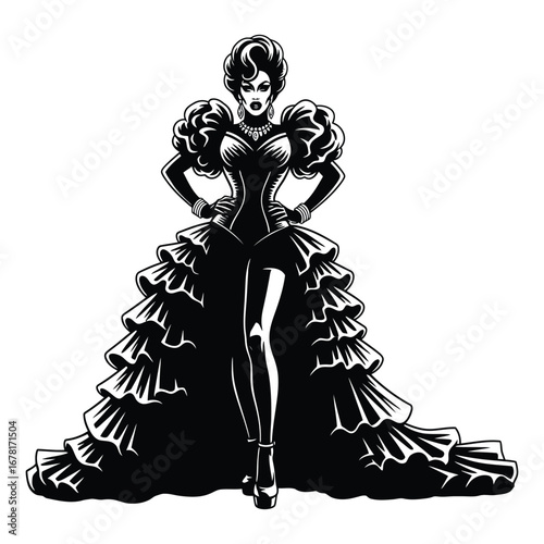 Stylish Drag Queen Silhouette Vector Dancing in Heels, Flowing Gown and Glamorous Hair Style, Dramatic Pose with Afro Wig on White Background