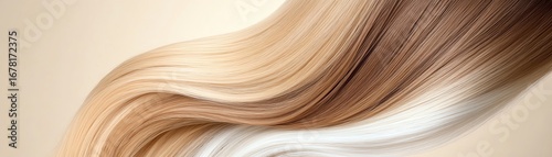 Ombre hair extensions, transitioning from ash brown to icy blonde, displayed against a glowing gradient