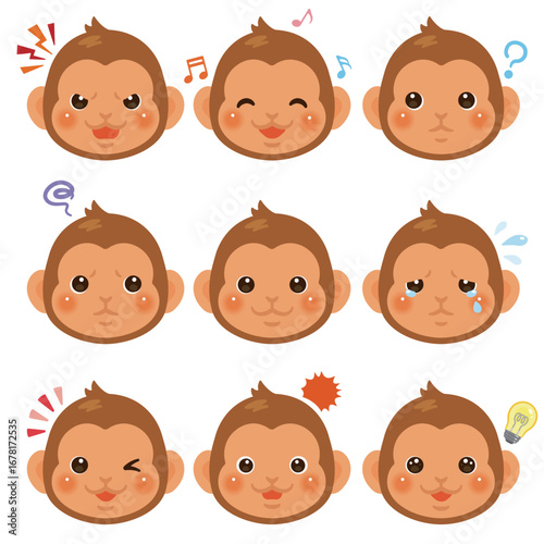サルのイラストセット　顔表情のみ