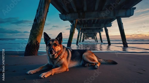 Loyal German Shepherd rests peacefully on beach under pier at sunset