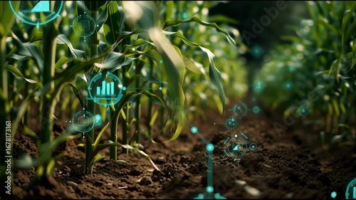 Close-up of genetically modified plants with digital icons representing indicators.