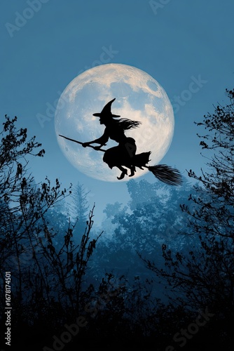 Wallpaper Mural silhouette witch flying on broom full moon fantasy Torontodigital.ca