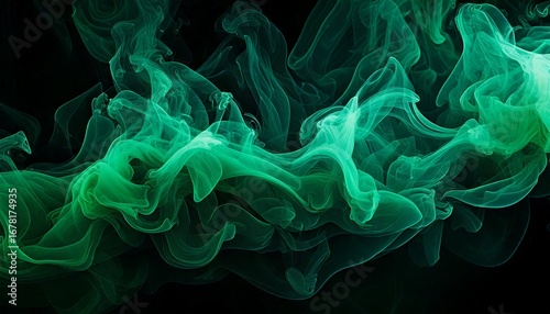 Abstract dark background, green smoke in the dark