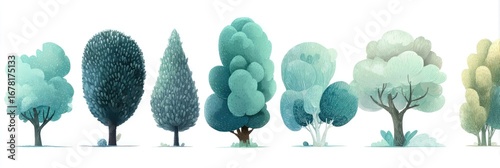 Collection of stylized, teal and pastel green trees