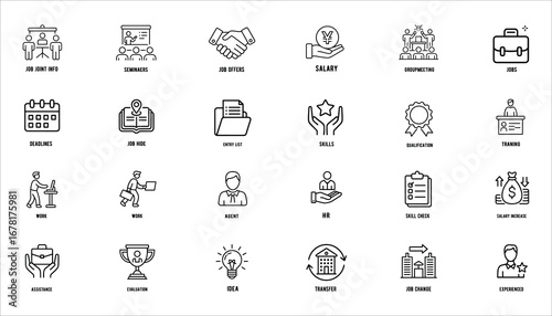 Business Job Icons Vector Set Career, Salary, Skills, Training, Evaluation, Promotion Symbols