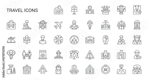 Thin line art showing various travel related symbols and objects arranged neatly on a white backdrop, creating a simple, clean aesthetic.