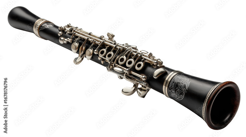 Naklejka premium Clarinet, detailed design, black body, shiny keys, isolated on white background.