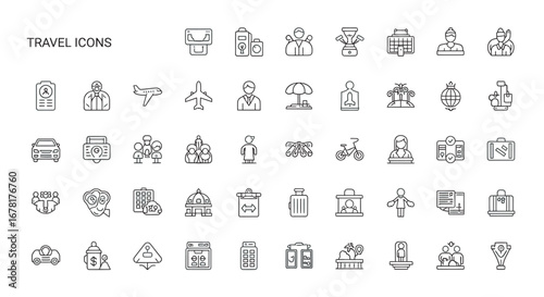 Thin line travel symbols depicting various transportation modes and tourist activities against a white backdrop, conveying a sense of adventure and exploration.