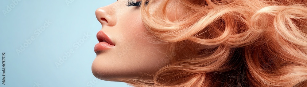 Naklejka premium Textured curly extensions, deep red tones, displayed artistically on a reflective surface