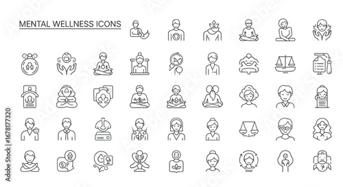 Line art depicting mental wellness and selfcare concepts for promoting emotional health and inner peace in a minimalist style.