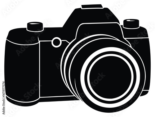 Black and white vector illustration of a modern digital SLR camera