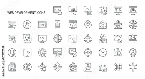 Line art depicting web development concepts and tools on a clean white canvas, conveying a modern and technical feel.
