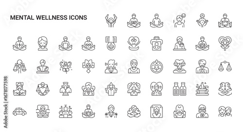 Collection of mental health line art symbols representing mindfulness, therapy, and emotional wellbeing on a clean, white backdrop promoting serenity.