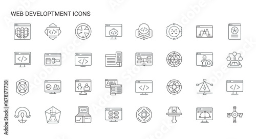 Collection of web development line art elements representing coding and programming concepts on white backdrop, creating a clean and modern aesthetic.