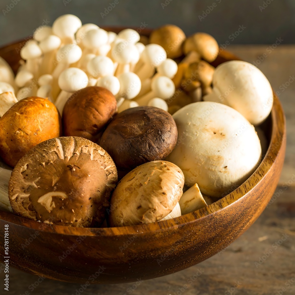 Obraz premium Assorted Mushrooms in Wooden Bowl (1)