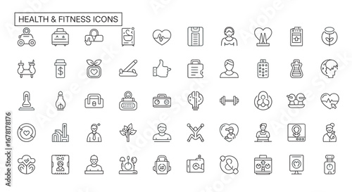 Collection of health and fitness symbols arranged neatly on white, representing wellness and healthy lifestyle choices with clean lines and simple shapes.