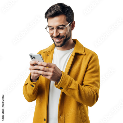 Young handsome man wearing yellow jacket, smiling and using smartphone. isolated on a white background or transparent