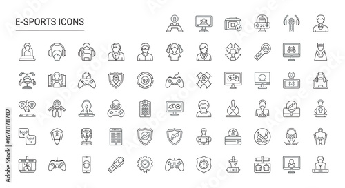 Collection of esport line art symbols depicting gaming competition and online tournaments on white backdrop showcasing modern entertainment and digital lifestyle.