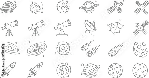 Explore the cosmos with this collection of charming doodle-style space icons, perfect for educational or creative projects.