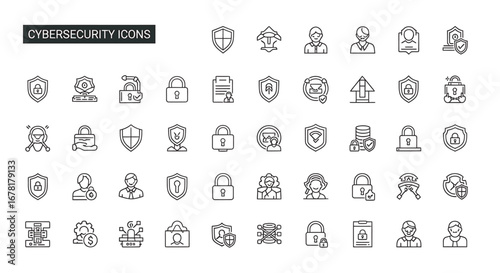 Cybersecurity themed line art showing various security measures and concepts on a clean white backdrop, conveying a sense of protection and digital safety.