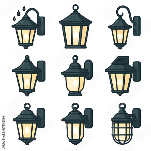 Protective porch outdoor style pathway lantern cage waterproof vector icon wall