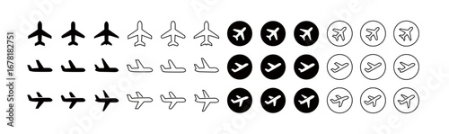 Simple Airplane & Travel Icon Set, Two Detail Styles (Rounded, Sharp), Editable Line Icons and Fill Icons