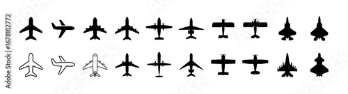 A simple icon set featuring various airplane silhouettes (passenger planes, fighter jets, biplanes, etc.) and symbols representing travel and aviation